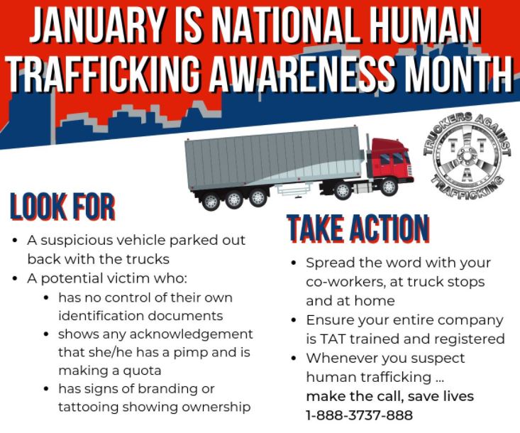 A flyer for National Human Trafficking Awareness Month with a list of warning signs to look for and actions to take