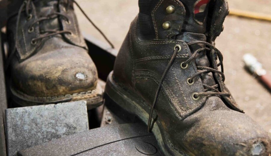 A closeup of a pair of well-worn work boots, with holes in the toes and a layer of dust and dirt.