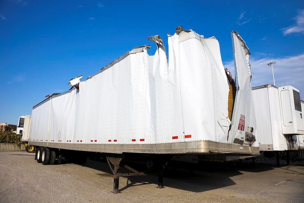 A destroyed cargo trailer of a semi truck, with the top missing and large gashes on the side.