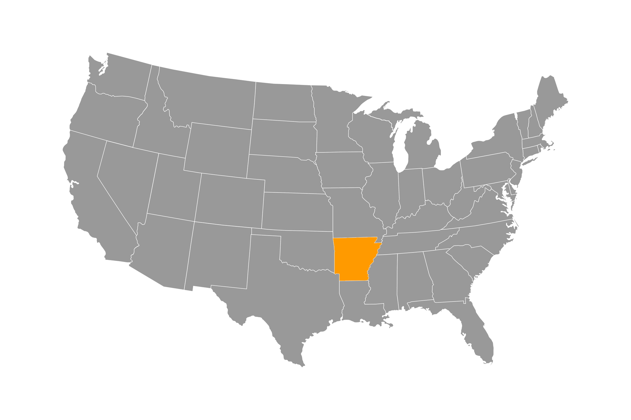 A map of the United States with Arkansas highlighted in orange