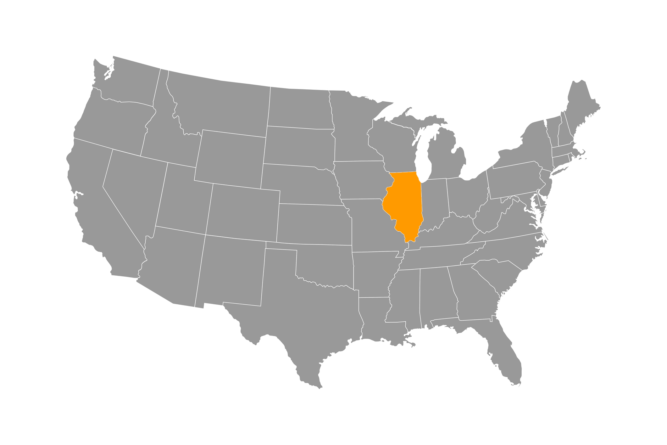 A map of the United States with Illinois highlighted in orange