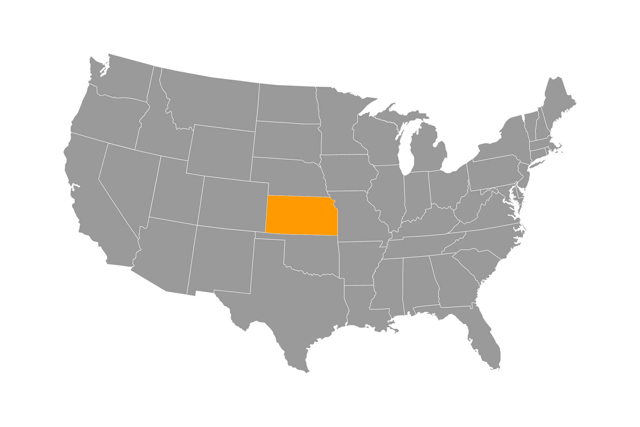 A map of the United States with Kansas highlighted in orange