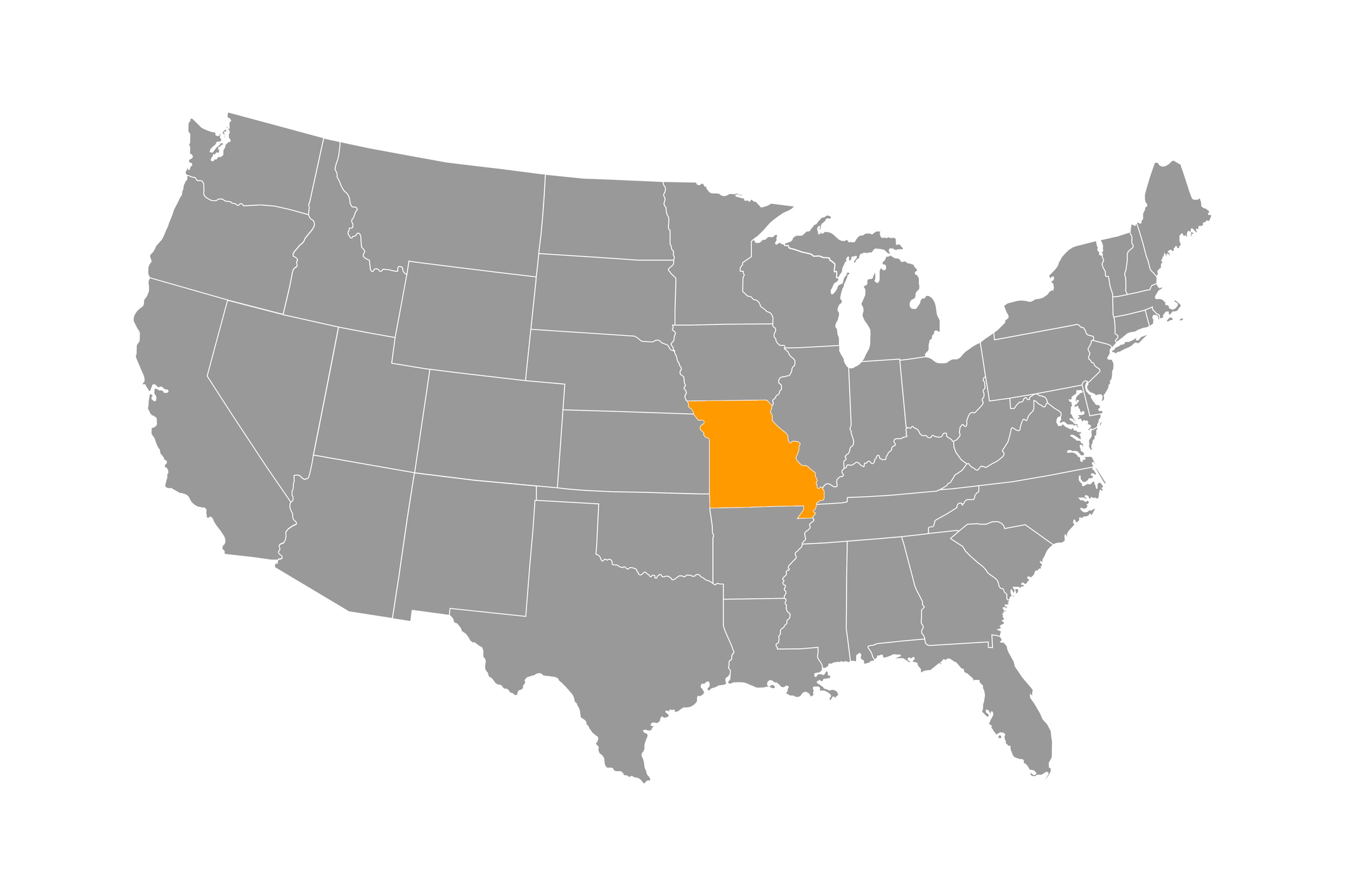 A map of the United States with Missouri highlighted in orange