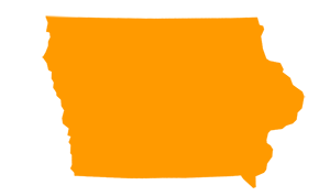 An orange graphic of the state of Iowa
